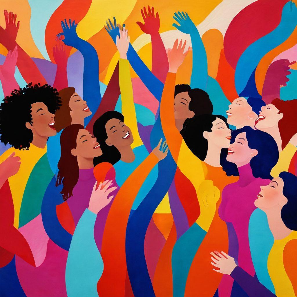 A vibrant, artistic representation of a diverse group of people joyfully engaging in intimate moments, surrounded by colorful, abstract shapes symbolizing pleasure. Incorporate soft, flowing lines and warm tones to evoke a sense of excitement and connection. Include various shapes and forms inspired by dildos, blending them into the background, suggesting liberation and joy. The atmosphere should feel inclusive and celebratory. painting. vibrant colors. soft focus.