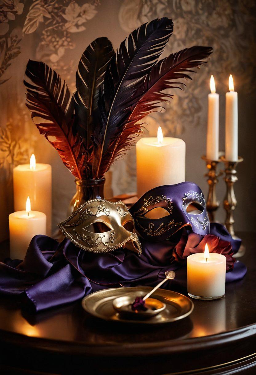 A romantic scene featuring a beautifully arranged set of elegant erotic accessories, such as luxurious silk ties, alluring masks, and delicate feather ticklers, against a soft, warm backdrop of dimly lit candles. Incorporate subtle hints of intimacy, like intertwined hands and soft silhouettes, to evoke connection and euphoria. Vibrant colors that blend red, gold, and deep violet create an enchanting atmosphere. super-realistic. soft lighting. warm tones.