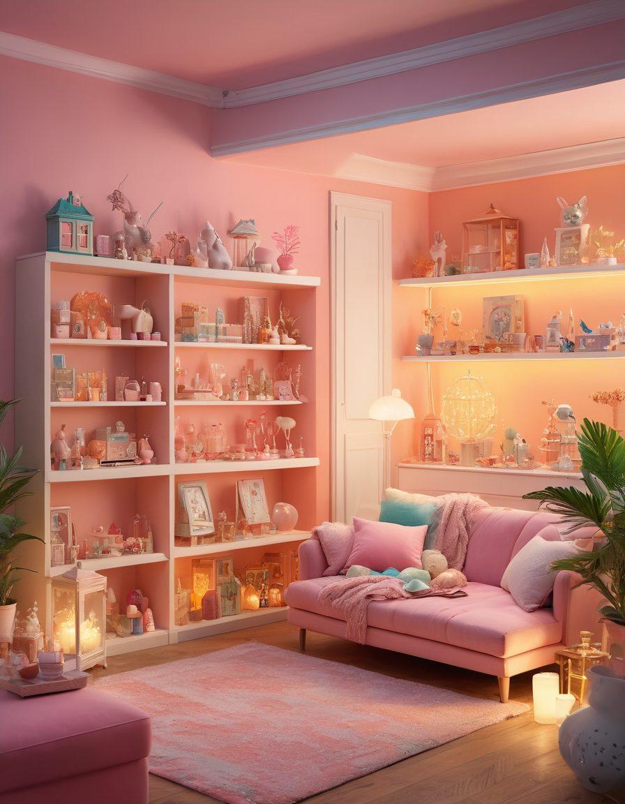 A whimsical and vibrant scene featuring a diverse array of adult novelties artistically arranged in an inviting, playful manner. Include elements like colorful toys, elegant packaging, and whimsical designs surrounded by soft, glowing lights to evoke a sense of exploration and delight. The background should be dreamy with pastel colors and subtle patterns that suggest intimacy and warmth. super-realistic. vibrant colors. soft focus.